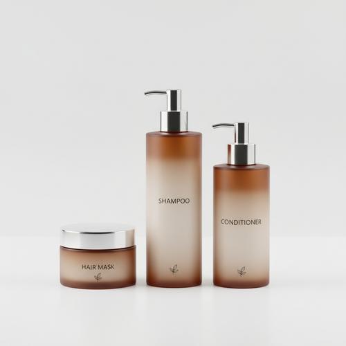 Hair care kit with shampoo conditioner and hair mask on white background