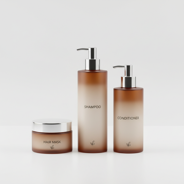 Hair care kit with shampoo conditioner and hair mask on white background