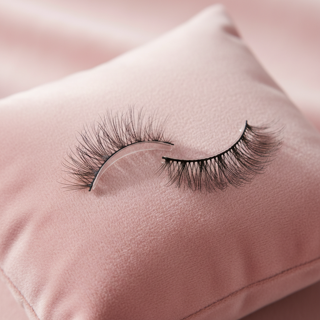Wispy natural eyelashes on pink background